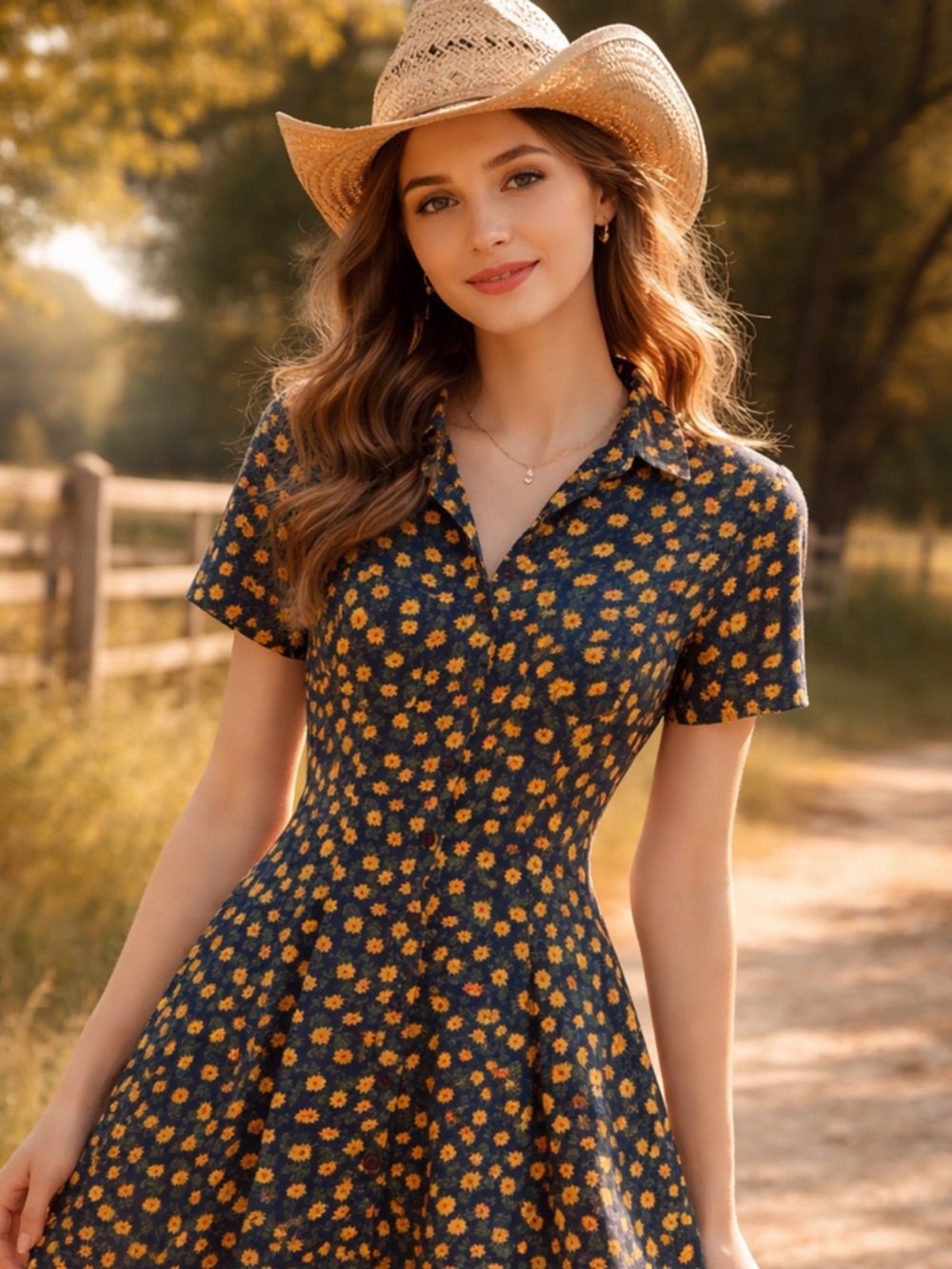 Black Floral Button-Front Short Sleeve Dress